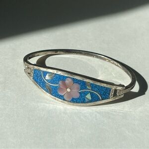 Vintage Alpaca Mexico Silver Abalone Inlaid Pink Flower Hinged Bangle Bracelet